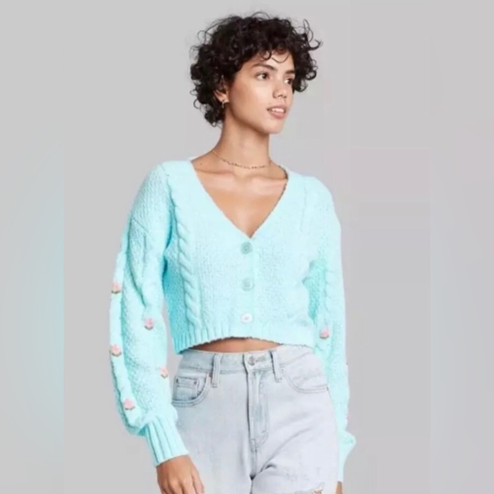 Wild Fable Embroidered Cropped Cardigan Sweater
